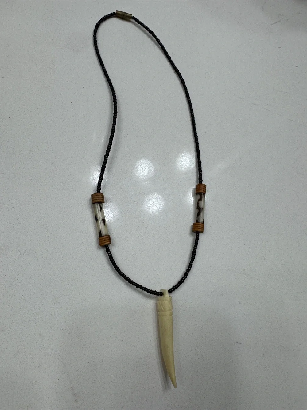 Men’s Black Beaded Necklace with Cream Tusk Pendant